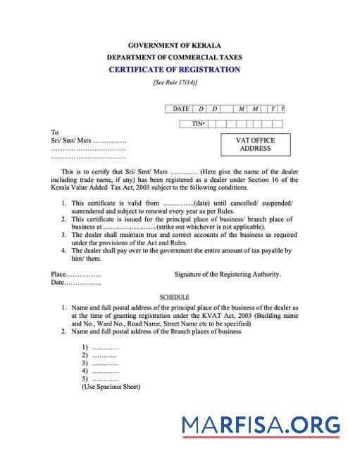 Downloadable India Kerala certificate of registration Word and PDF template